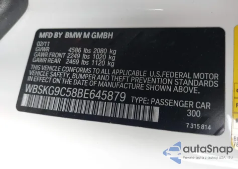 2011 BMW M3 z USA, uszkodzony, nr VIN WBSKG9C58BE645879